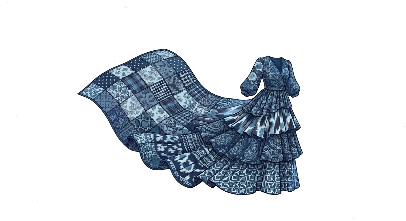 Patchwork blue dress illustration